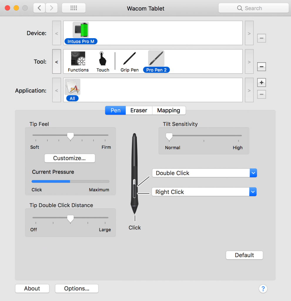 Pen buttons set up preferences for Wacom Intuos Pro screenshot
