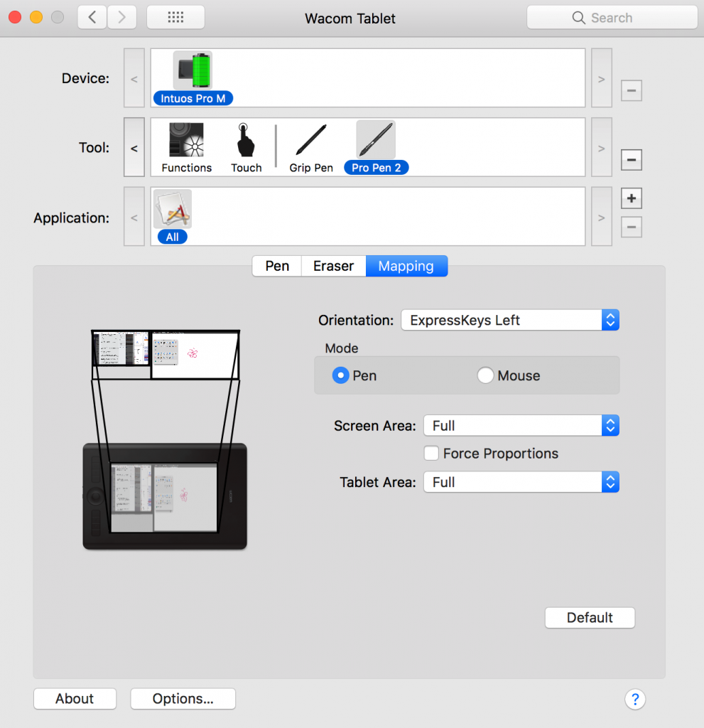 Monitor layout and mapping settings. How to set up buttons on a graphics pen tablet for Adobe Illustrator. Wacom Intuos Pro tablet.