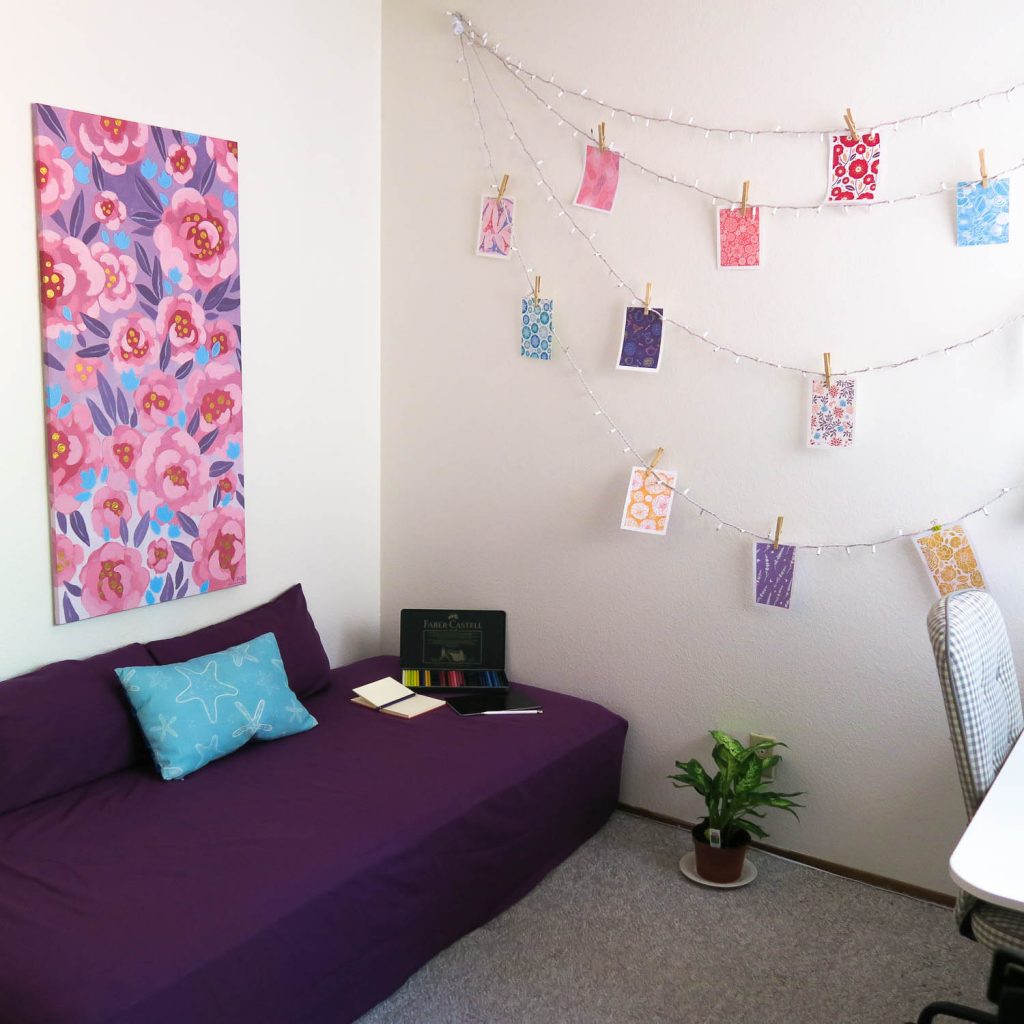 Oksancia's home studio corner featuring Flowers of creativity painting by Oksancia