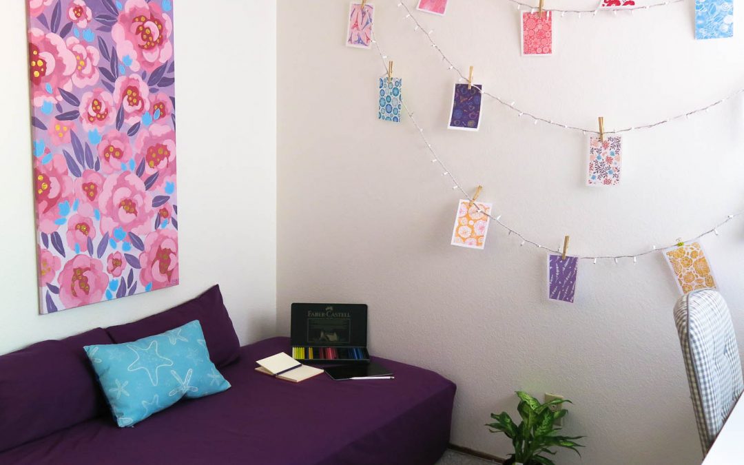 Oksancia's home studio corner featuring Flowers of creativity painting by Oksancia