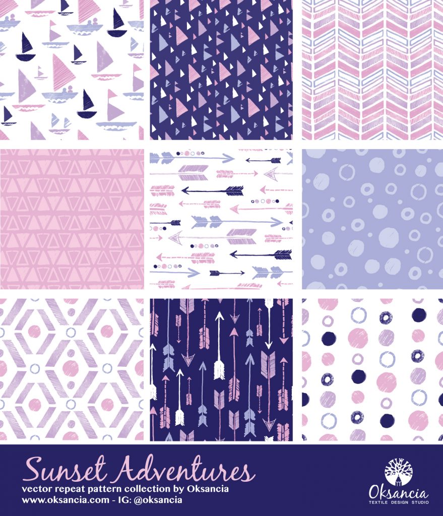 Sunset Adventures vector repeat pattern collection by Oksancia - swatches