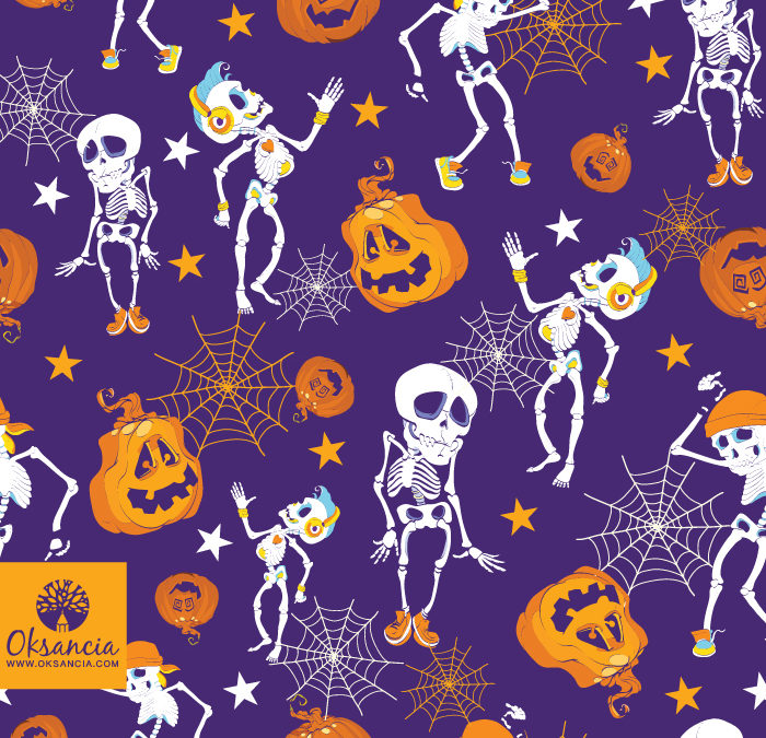 Purple dancing skeletons and spoonky pumpkins vector repeat pattern design