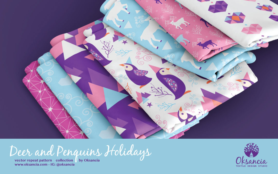 penguins holidays vector patterns fabric collection by Oksancia