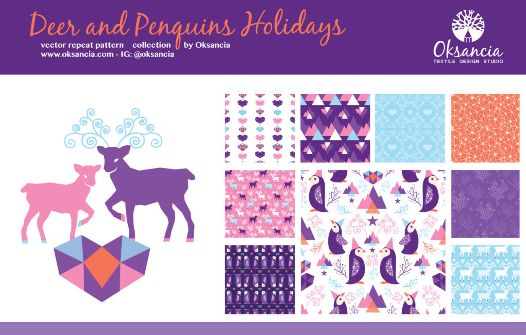 penguins holidays vector patterns collection by Oksancia
