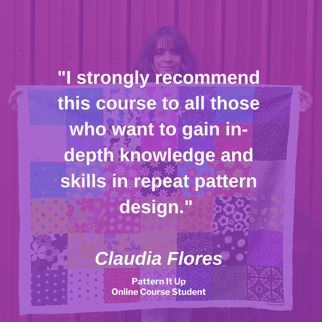 Testimonial Pattern It Up Claudia Flores PIU student portrait with fabric (1)