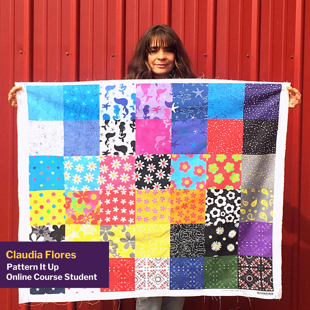 Testimonial Pattern It Up Claudia Flores PIU student portrait with fabric