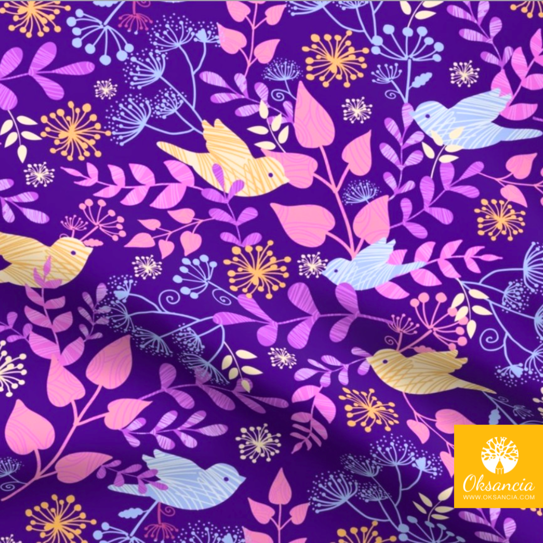 Birds in the garden purple fabric design by Oksancia